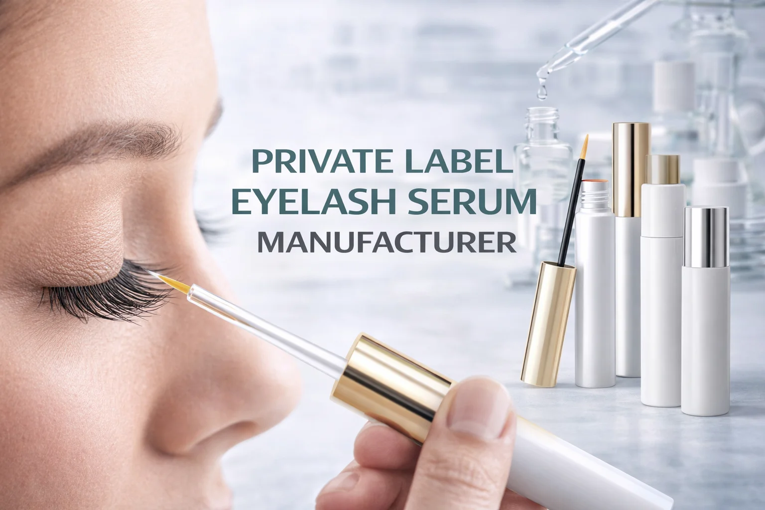 Close-up of person applying eyelash serum with dropper, featuring product tubes and text 'Private Label Eyelash Serum Manufacturer'.